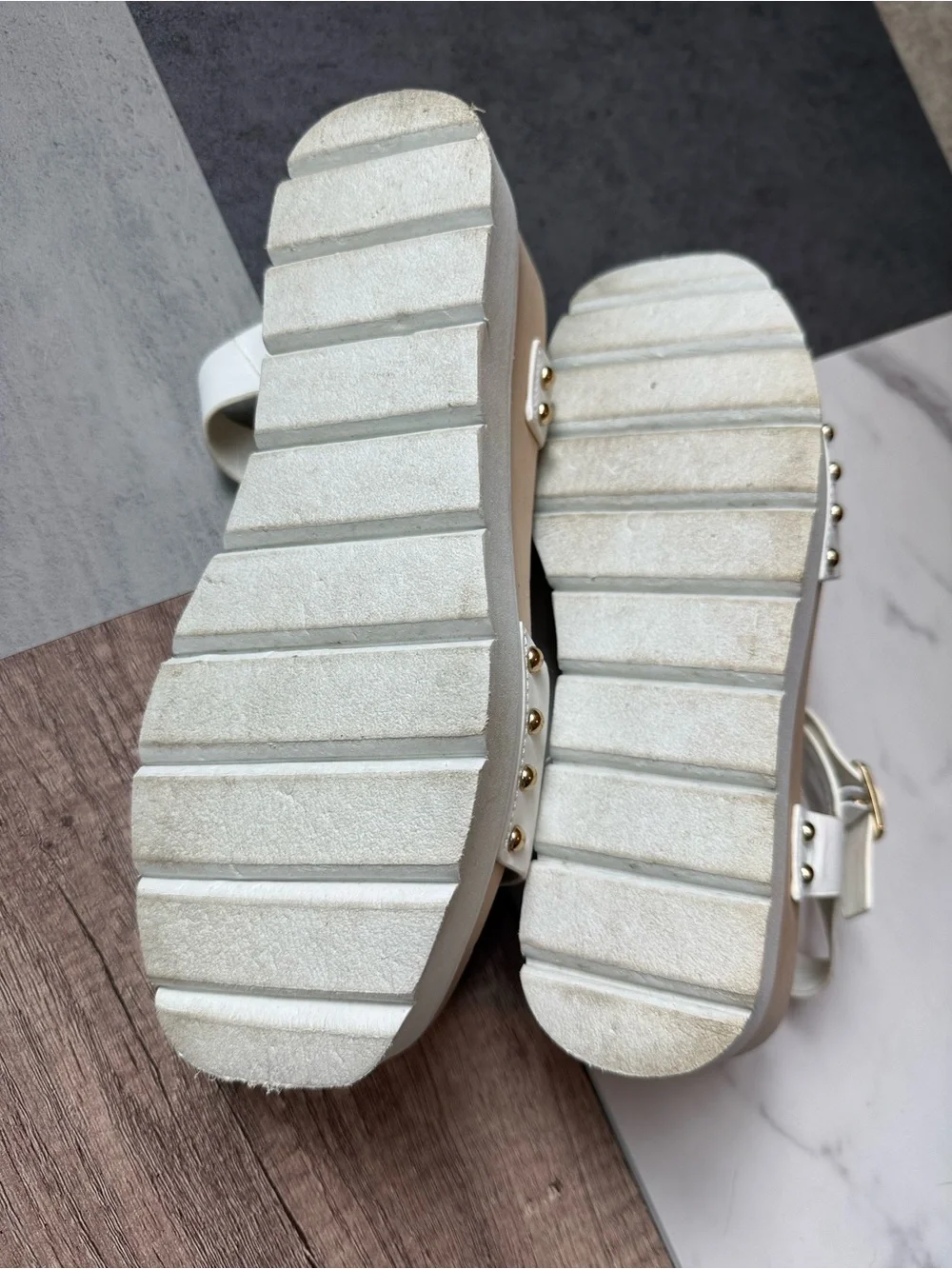 Steve Madden White Platform Sandals with Gold Studs